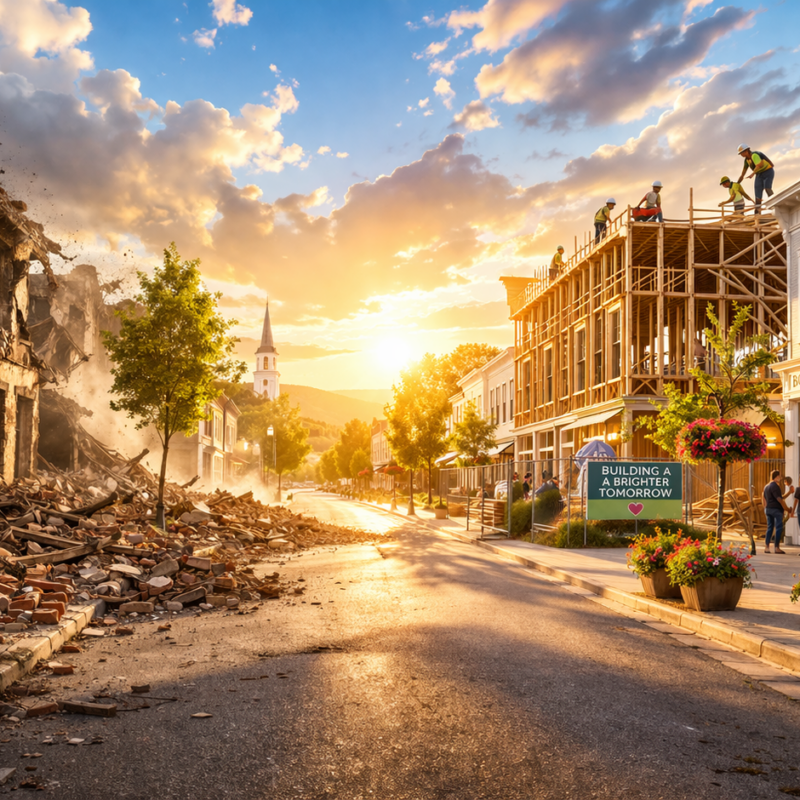 Crumbling buildings on the left, new ones on the right