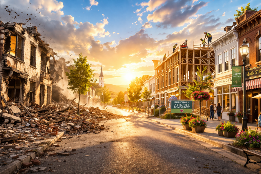 Crumbling buildings on the left, new ones on the right